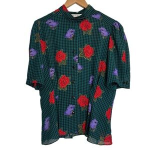 MS CHAUS vintage 40s style teal/ black short sleeve blouse